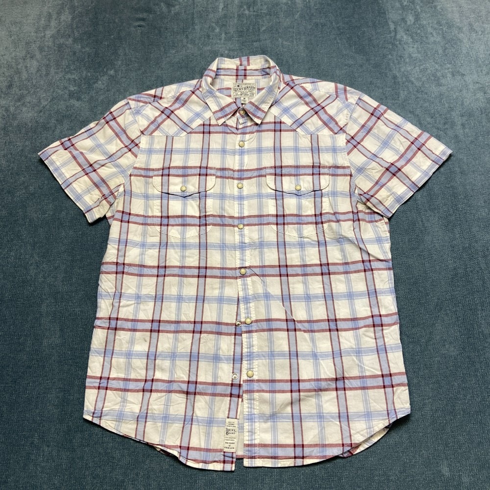 Lucky Brand Flannel Shirt Mens Medium Multicolor Plaid Snap Button Front Pockets